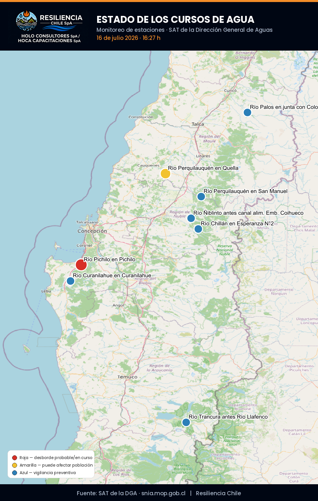 Mapa de estaciones del SAT de la DGA en alerta