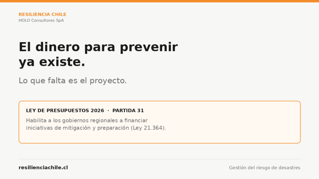La Ley de Presupuestos 2026, Partida 31, habilita a los gobiernos regionales a financiar iniciativas de mitigación y preparación de la gestión del riesgo de desastres conforme a la Ley 21.364.