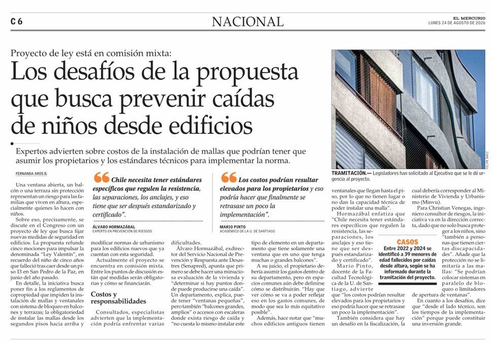 Recorte de la nota de El Mercurio sobre la Ley Valentín y las caídas de niños desde edificios