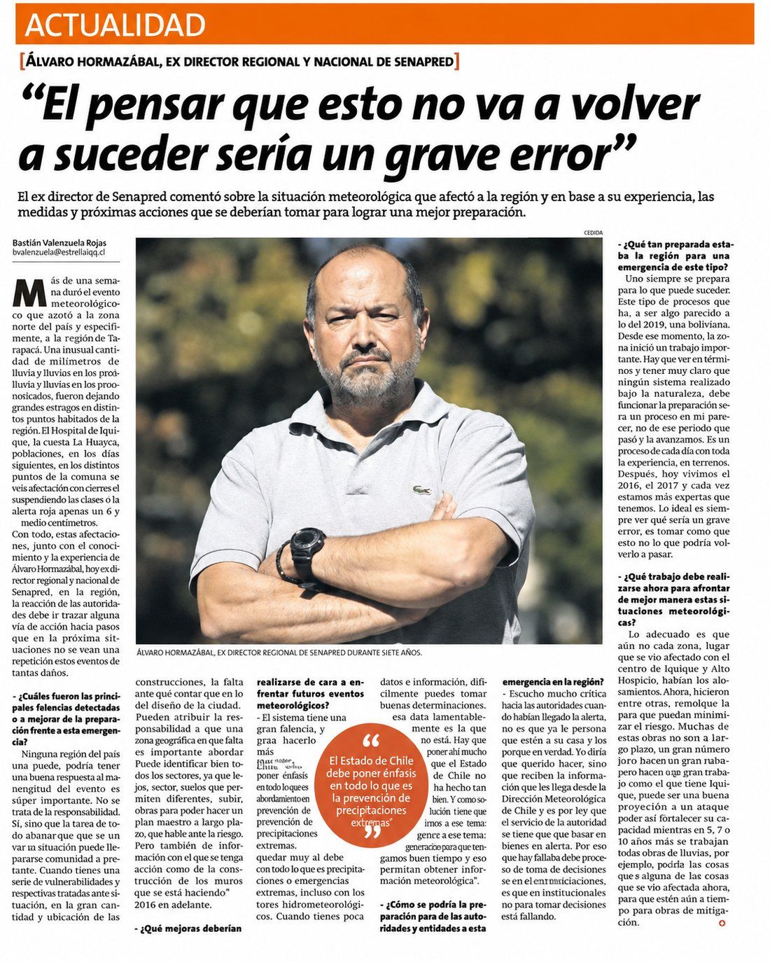 Entrevista a Álvaro Hormazábal en La Estrella de Iquique