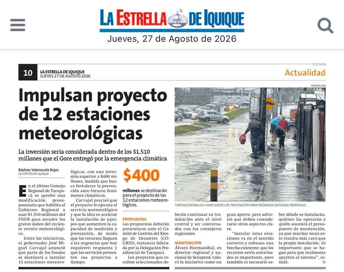 Recorte de La Estrella de Iquique sobre el proyecto de 12 estaciones meteorológicas en Tarapacá