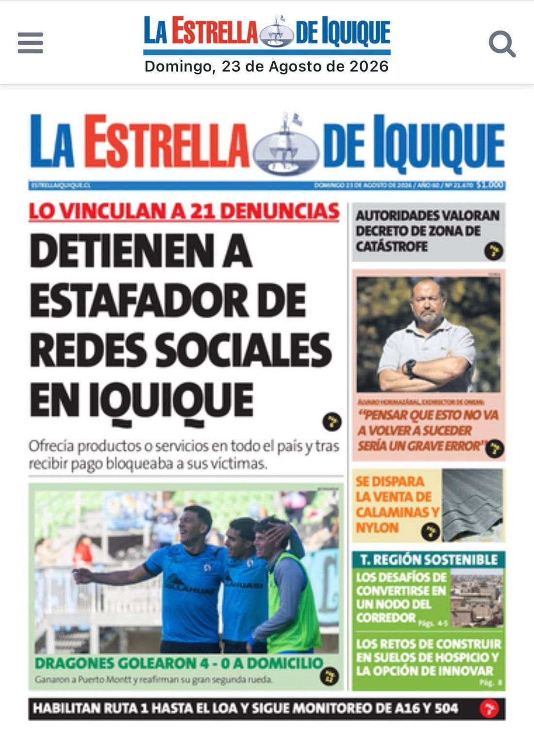 Portada de La Estrella de Iquique con la entrevista a Álvaro Hormazábal