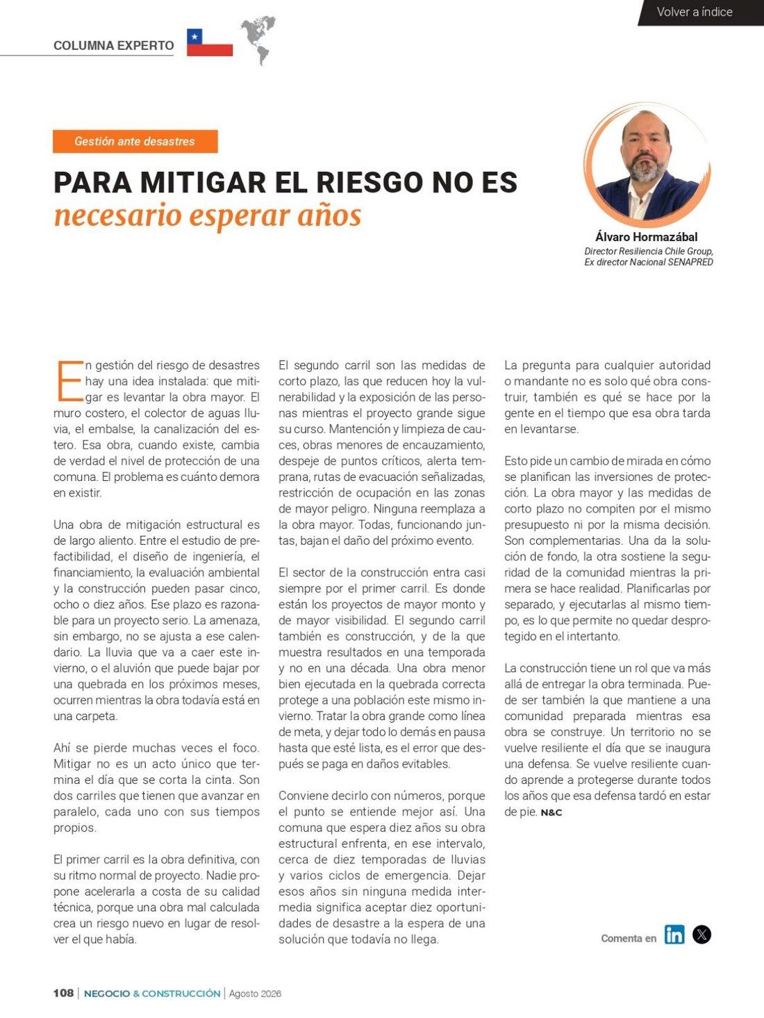 Columna de Álvaro Hormazábal en Revista Negocio y Construcción, agosto de 2026