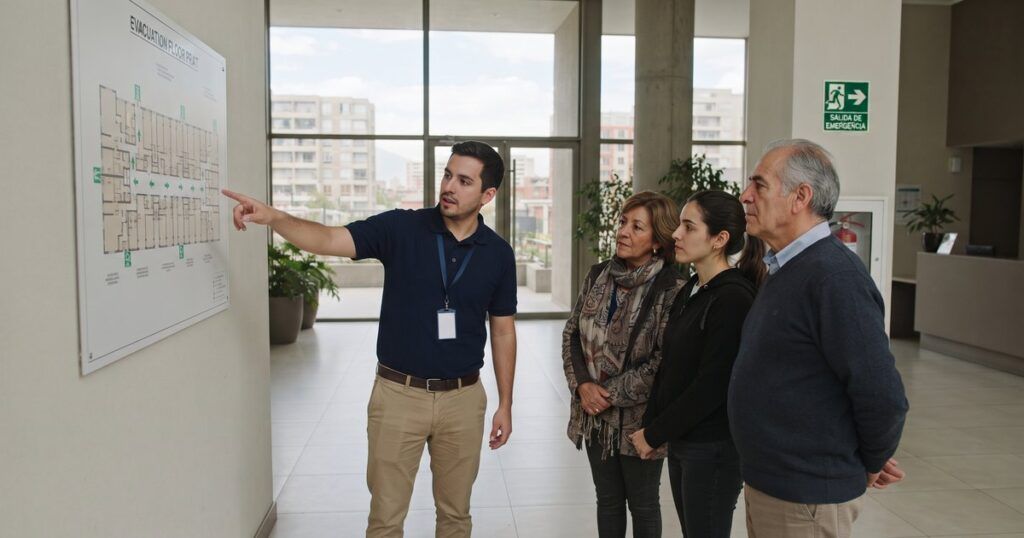 Asesor mostrando el plano de evacuación a residentes en el lobby de un condominio, plan de emergencia Ley 21.442