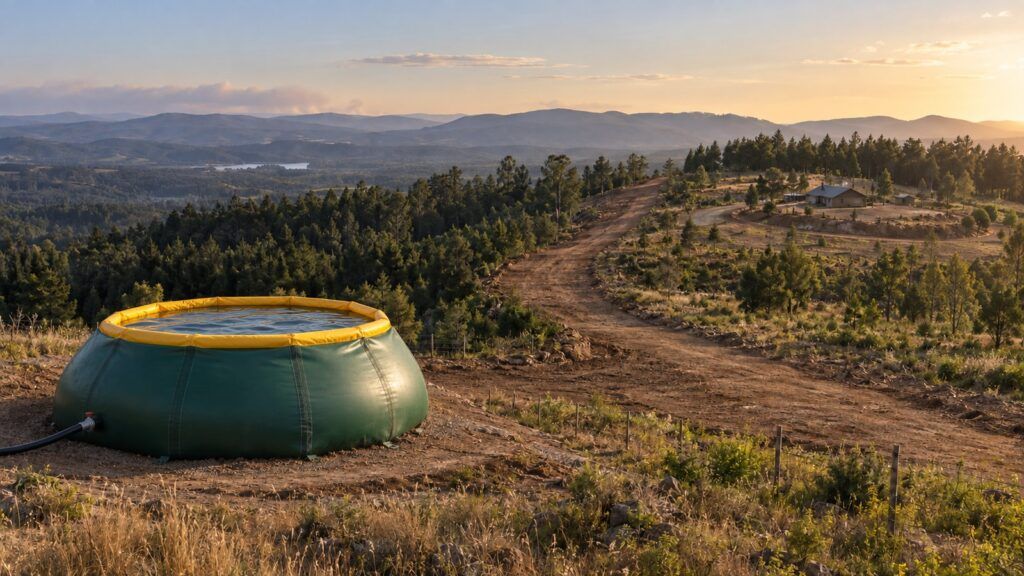 Cortafuego y estanque de agua autoportante en un cerro con bosque, preparación ante incendios forestales